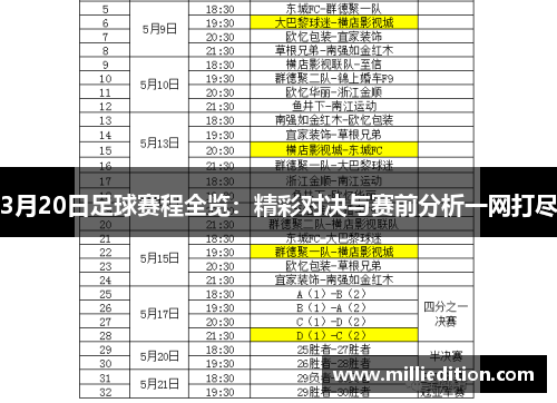 3月20日足球赛程全览：精彩对决与赛前分析一网打尽